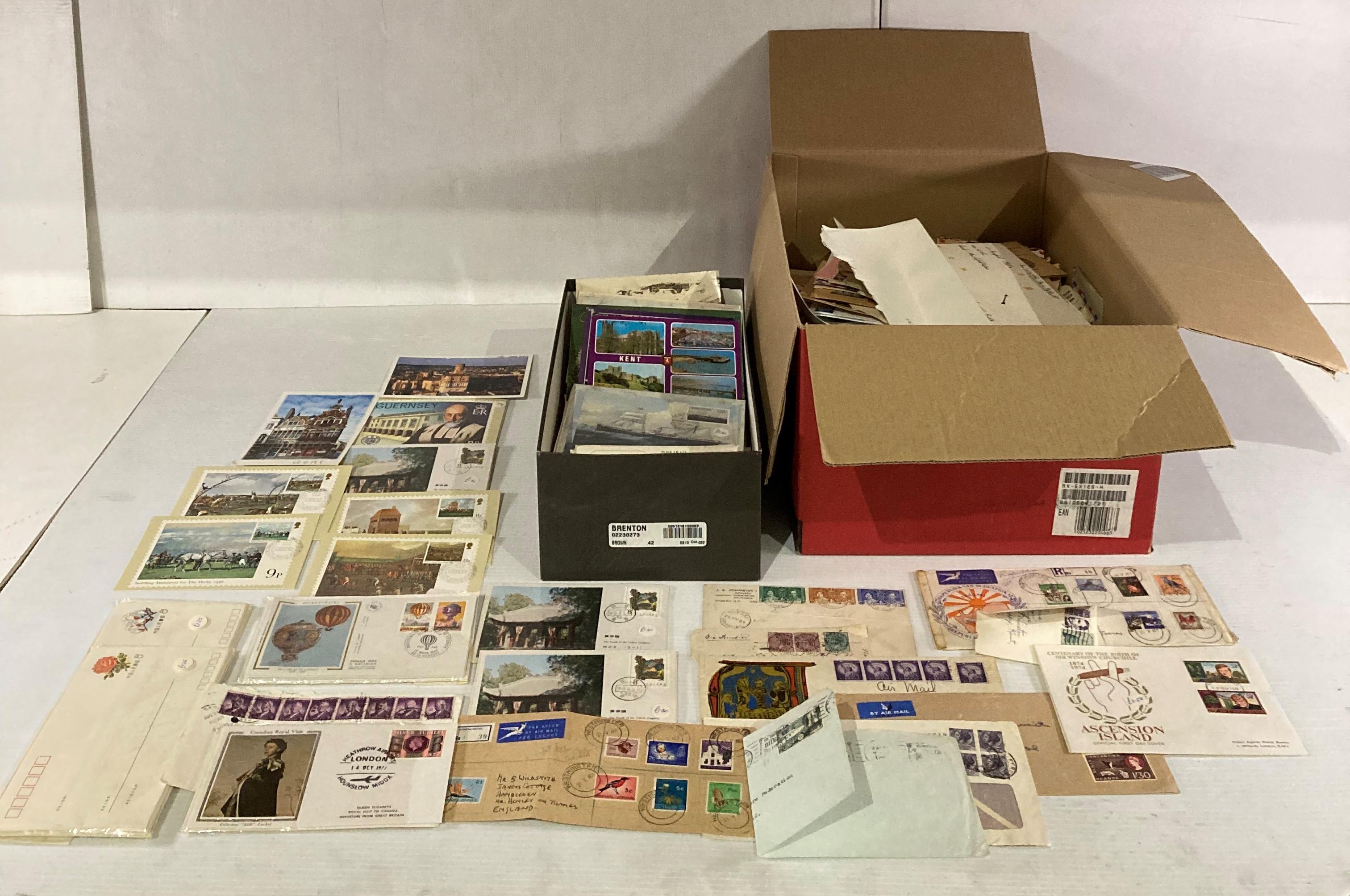 Contents to box - large quantity of stamps including souvenir covers, silk stamps, postcards, etc.