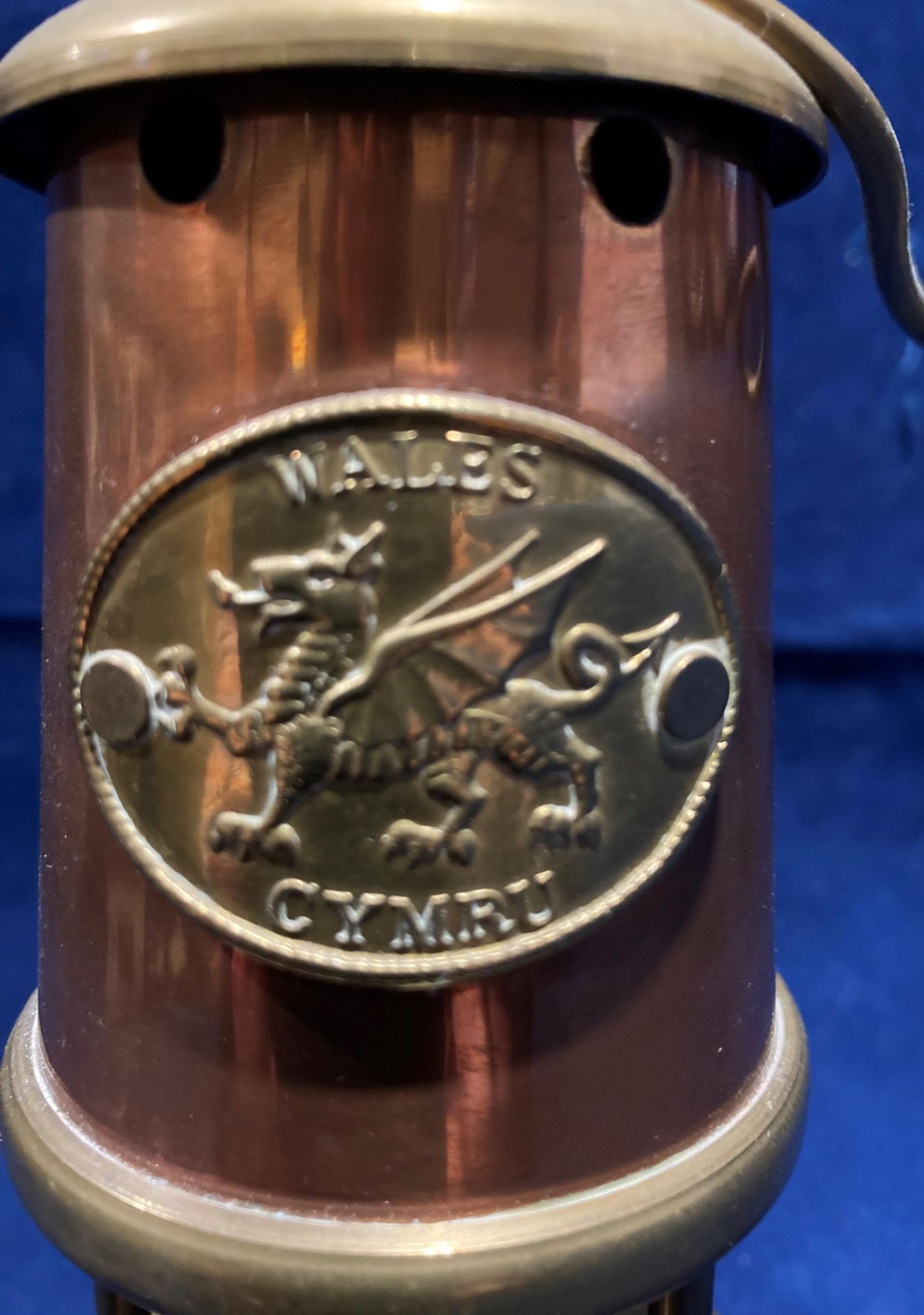 A brass and copper miniature model miner's lamp with Cymru Wales brass plate, - Image 2 of 2