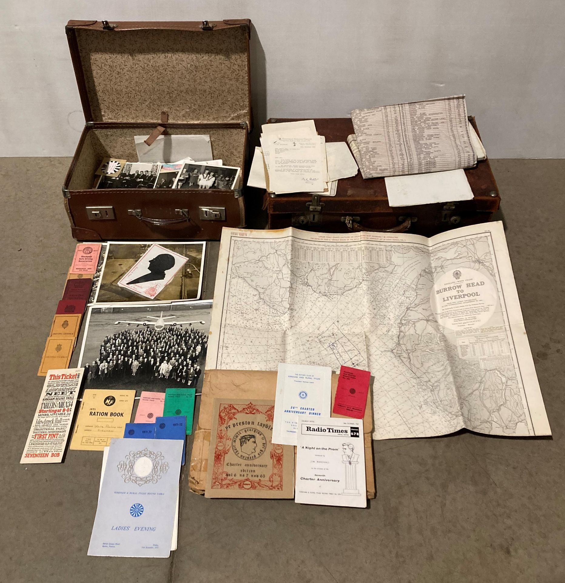 Contents to brown vintage suitcase - assorted ephemera including Ribble & Lune area 34 round table