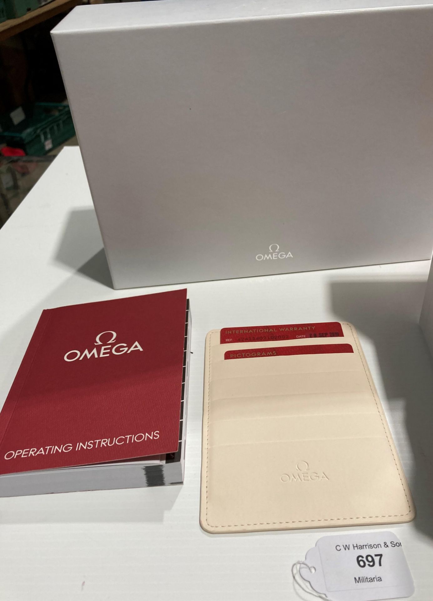 Omega polished wood-effect watch box in white outer protective case with operating instructions - Image 3 of 4