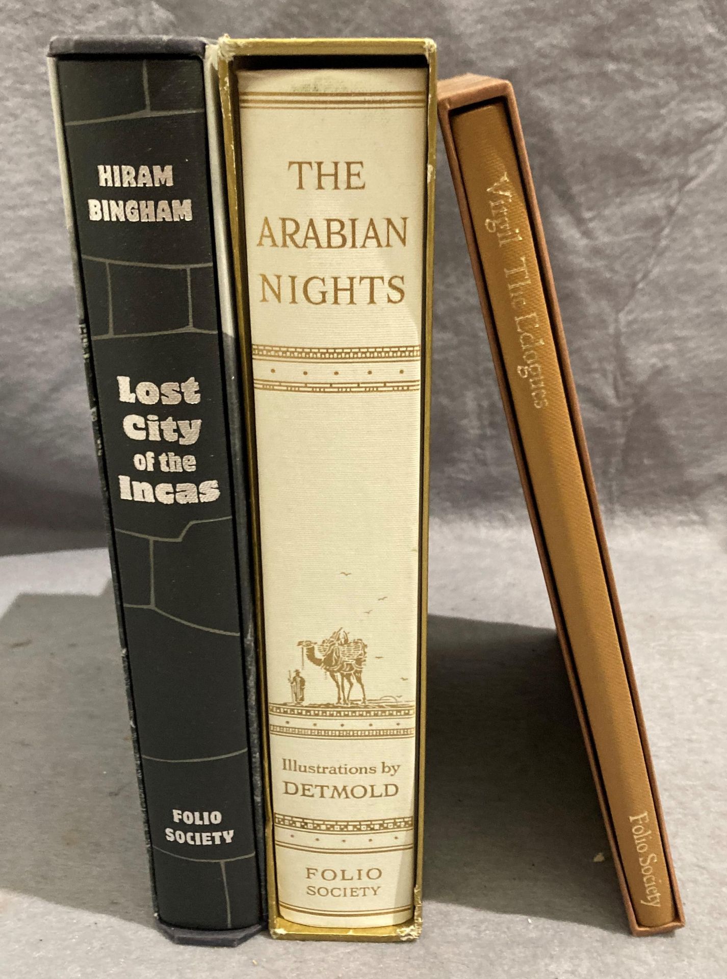 Folio Society - Three books in cases , Hiram Bingham 'Lost City of the Incas',