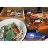 Contents to cardboard tray, drawer and white enamel basin - postcards, cigarette cards,