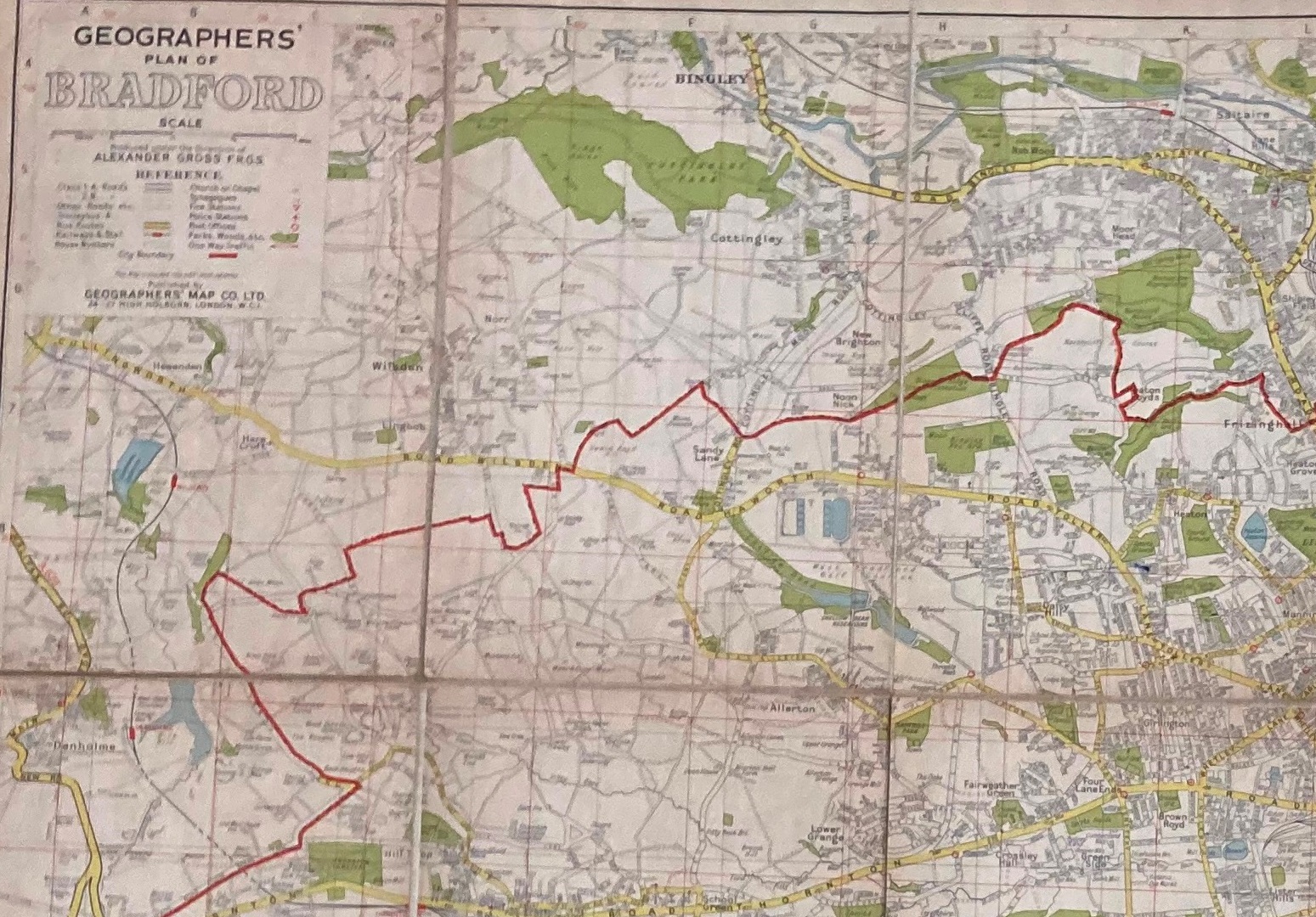 A linen folding street map of Bradford, in cover, by Geographers' Map Co Ltd, 24-27 High Holborn,