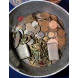 Contents to Huntley & Palmers biscuit tin - a quantity of coins - some Victorian pennies,