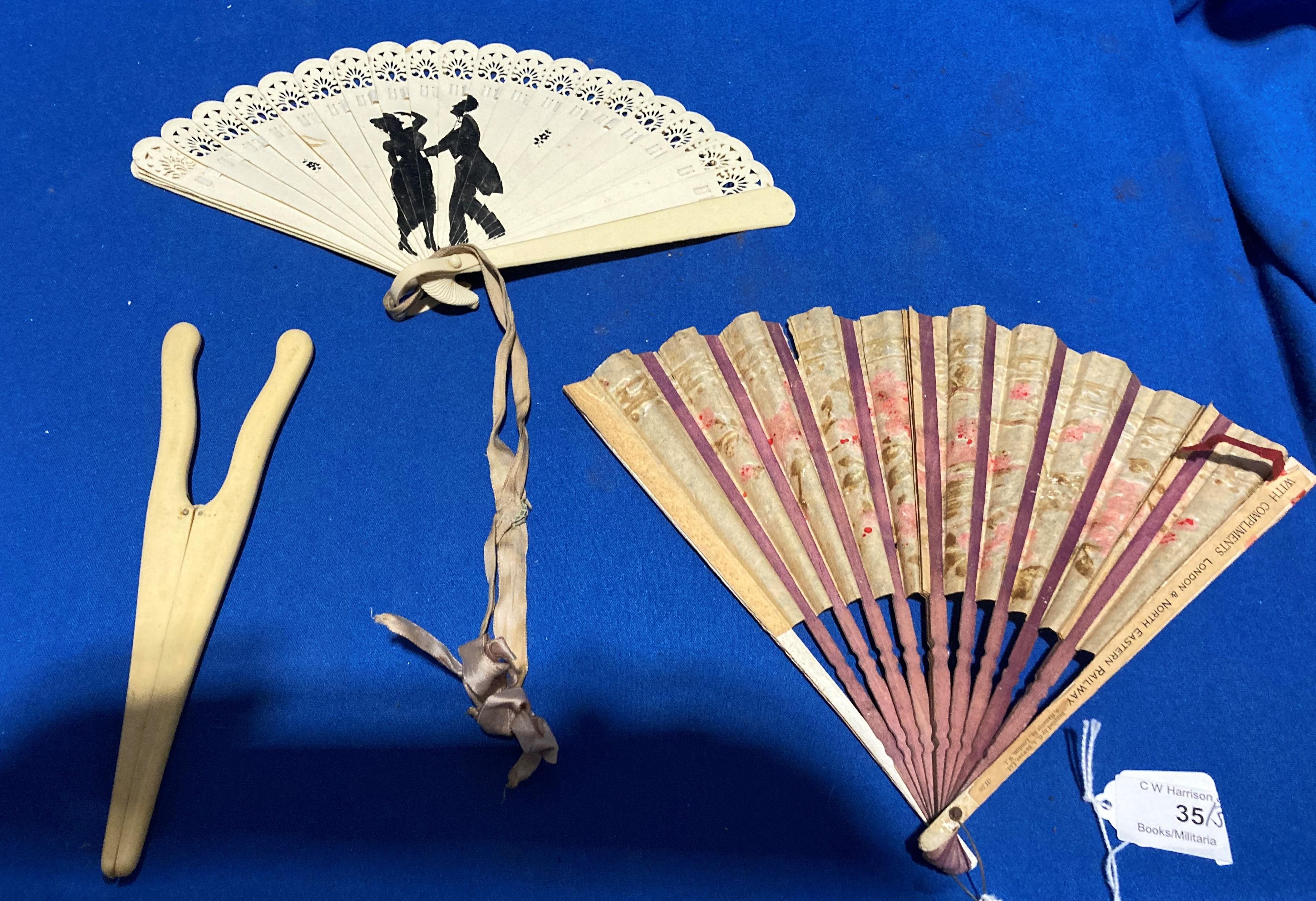 Three items, a bone framed fan, 15cm,