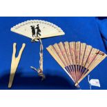 Three items, a bone framed fan, 15cm,