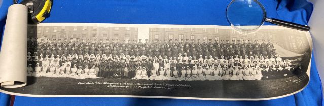 Panoramic photograph of a large group of patients and staff at the East Leeds War Hospital &
