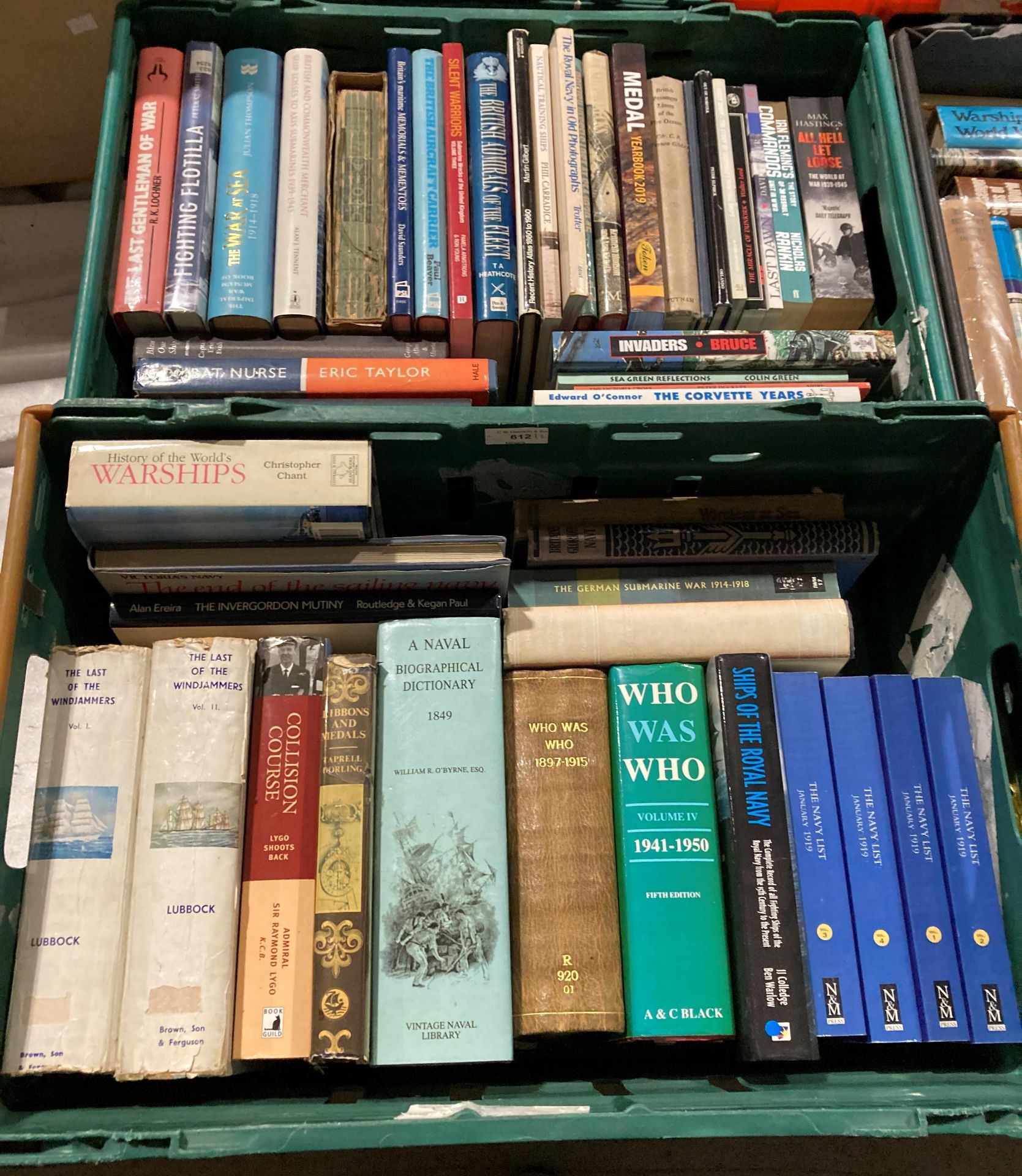 Contents to two green crates - 50 assorted books mainly maritime and naval related including