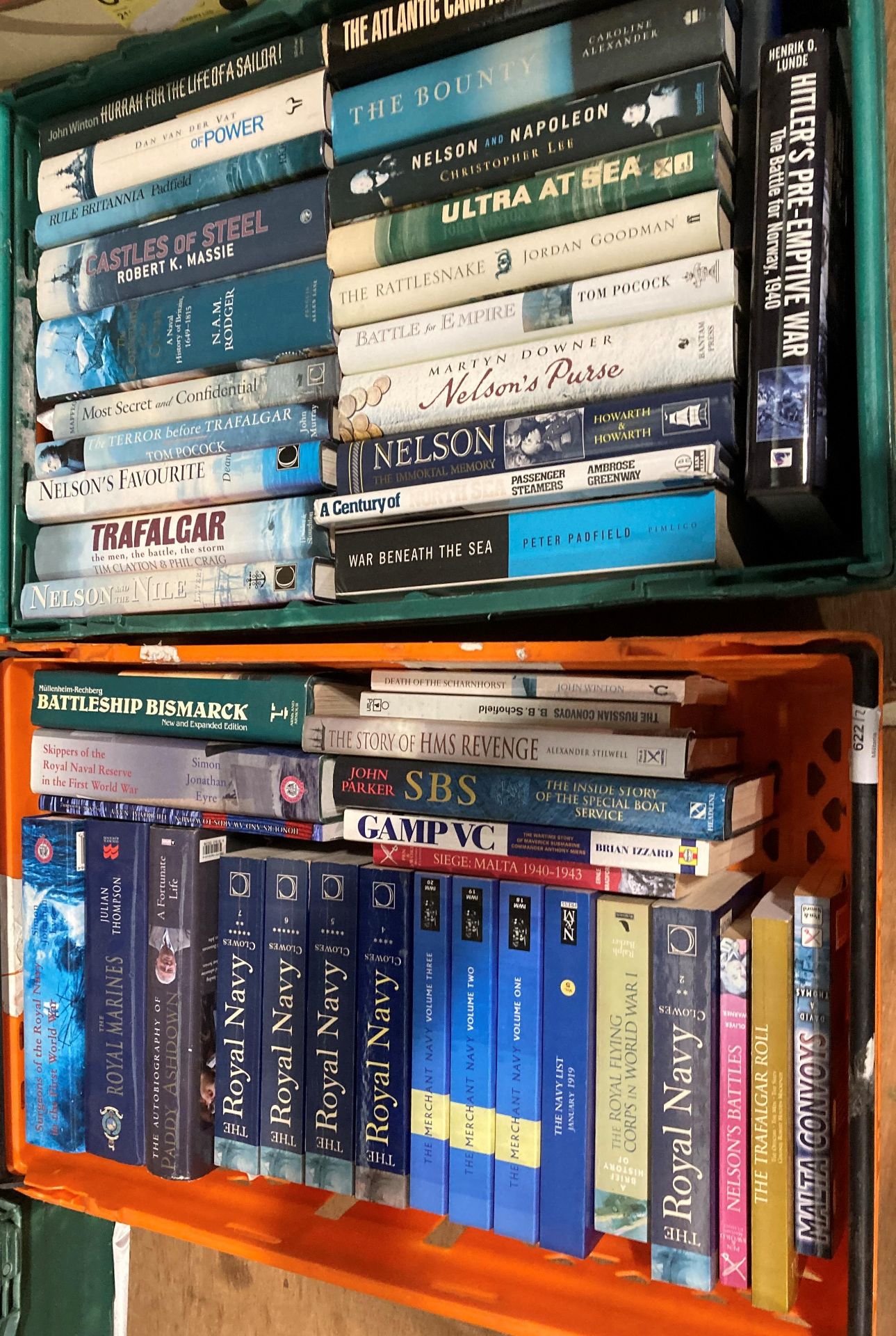 Contents to orange and green plastic crates - 47 books mainly maritime and naval related including