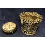 An engraved silver vessel, 6cm high, and a silver cased pocket watch, engraved to front,