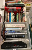 Contents to two boxes - approximately 30 assorted books on locomotives, steam trains, air war,