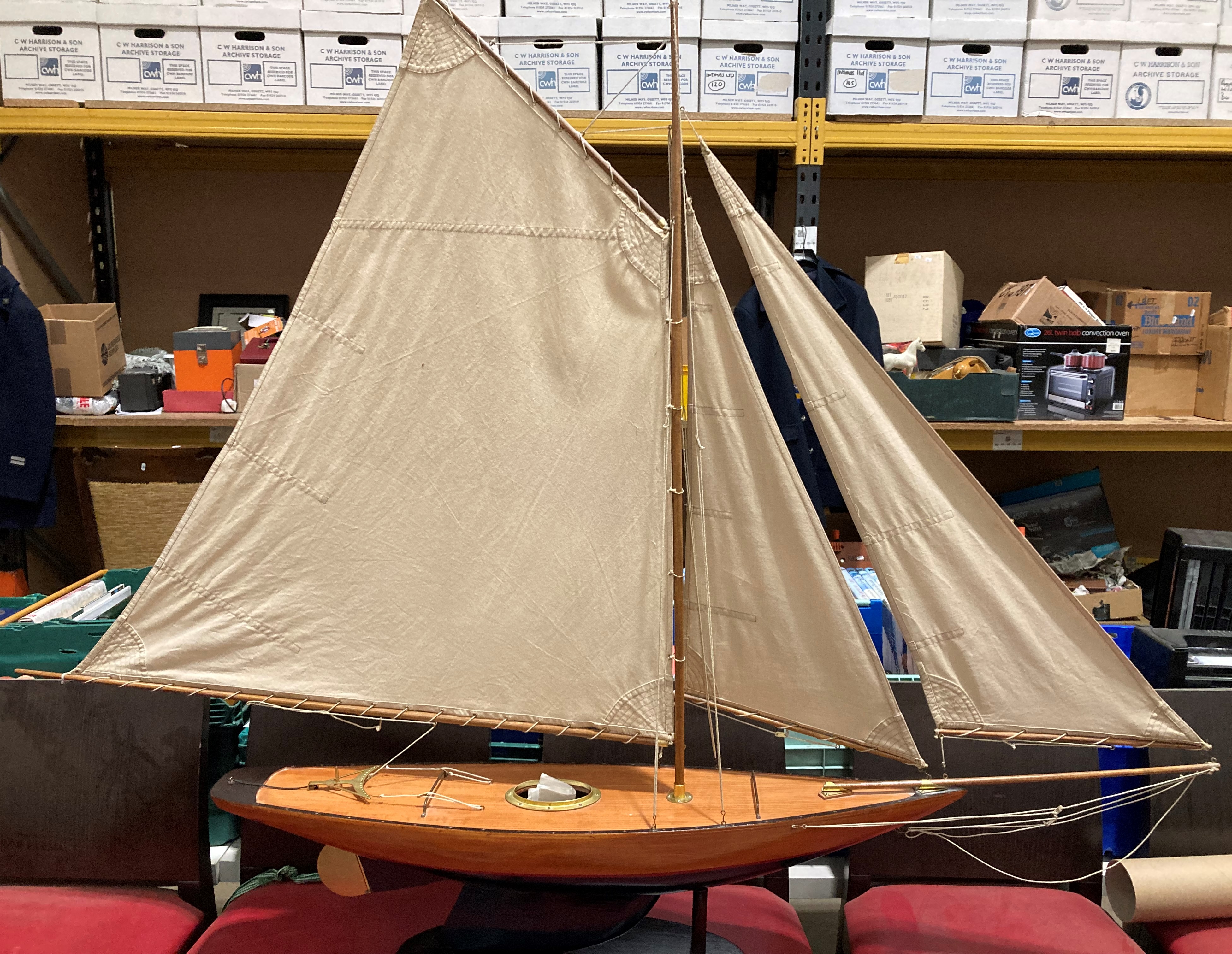 A large handmade pond yacht with three sails on a mahogany stand, hull size 90cm, - Image 2 of 6
