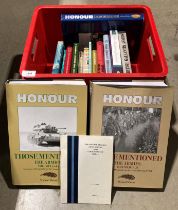 Box of numismatic related books, titled Honour Those Mentioned WW2 the Armies 2 vols,