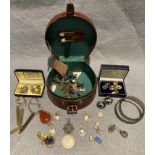 Contents to leather jewellery box including silver hallmarked fob, silver (.