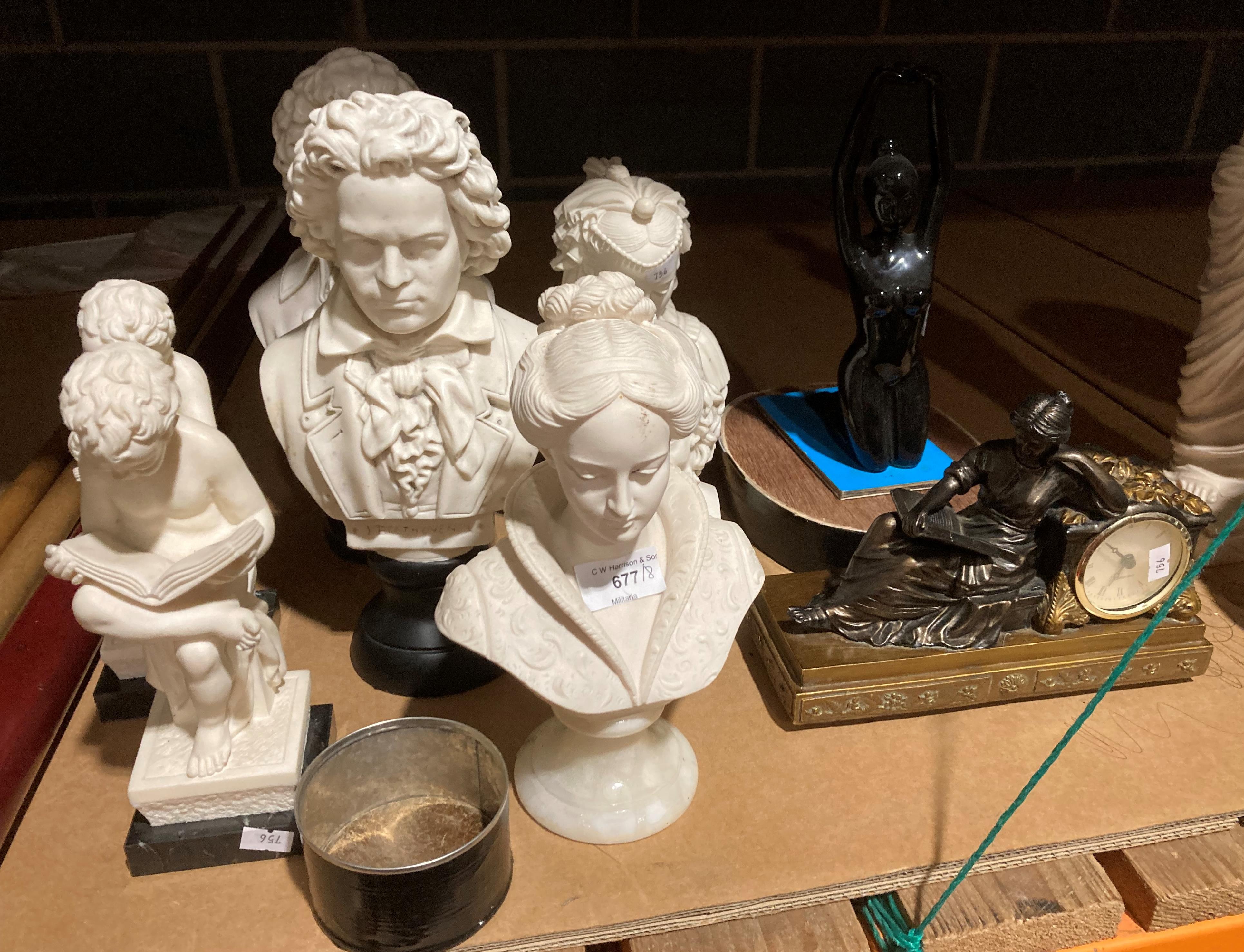 Eight items - resin and plaster busts including Mozart and Beethoven, each 30cm high,