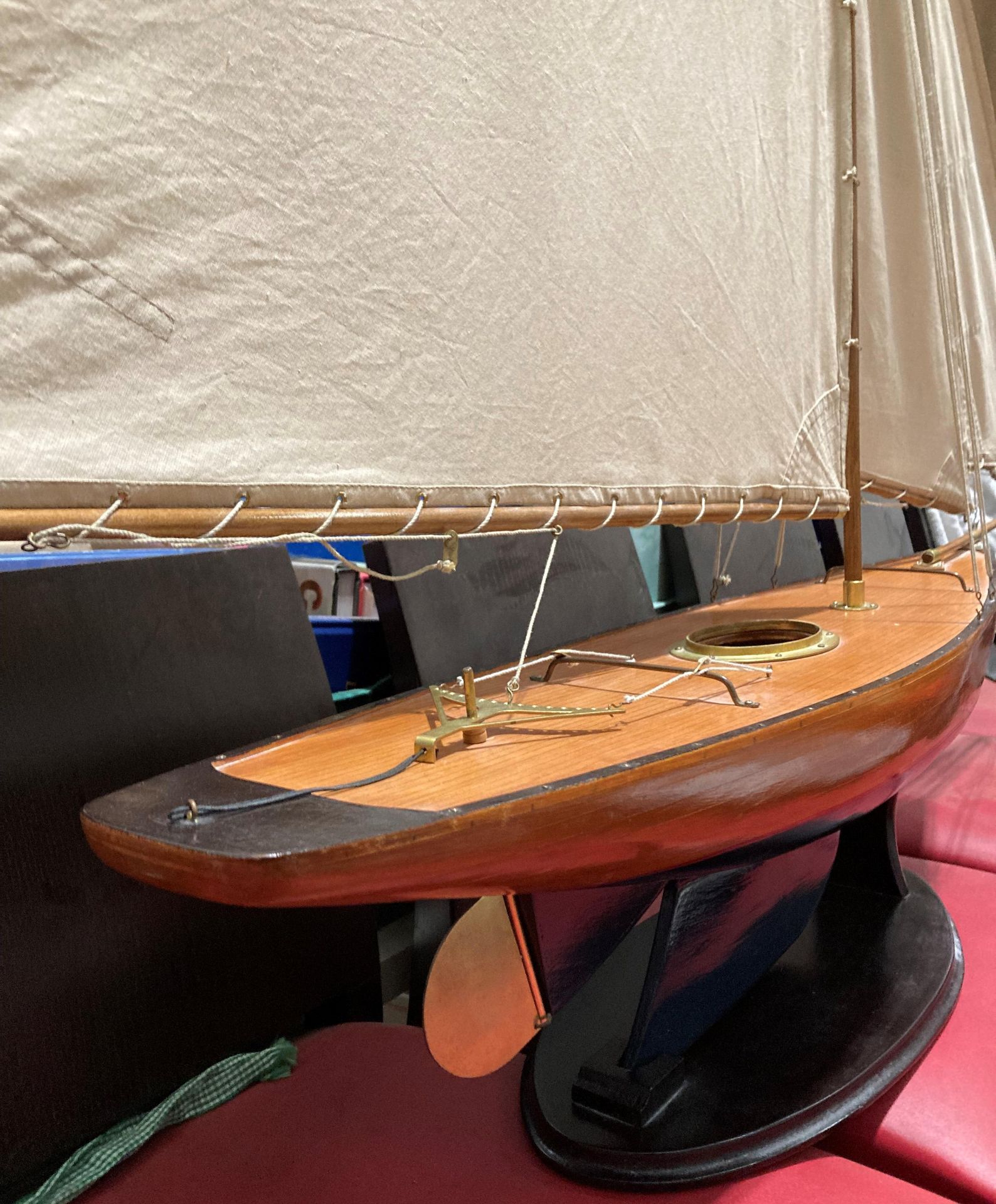 A large handmade pond yacht with three sails on a mahogany stand, hull size 90cm, - Image 5 of 6
