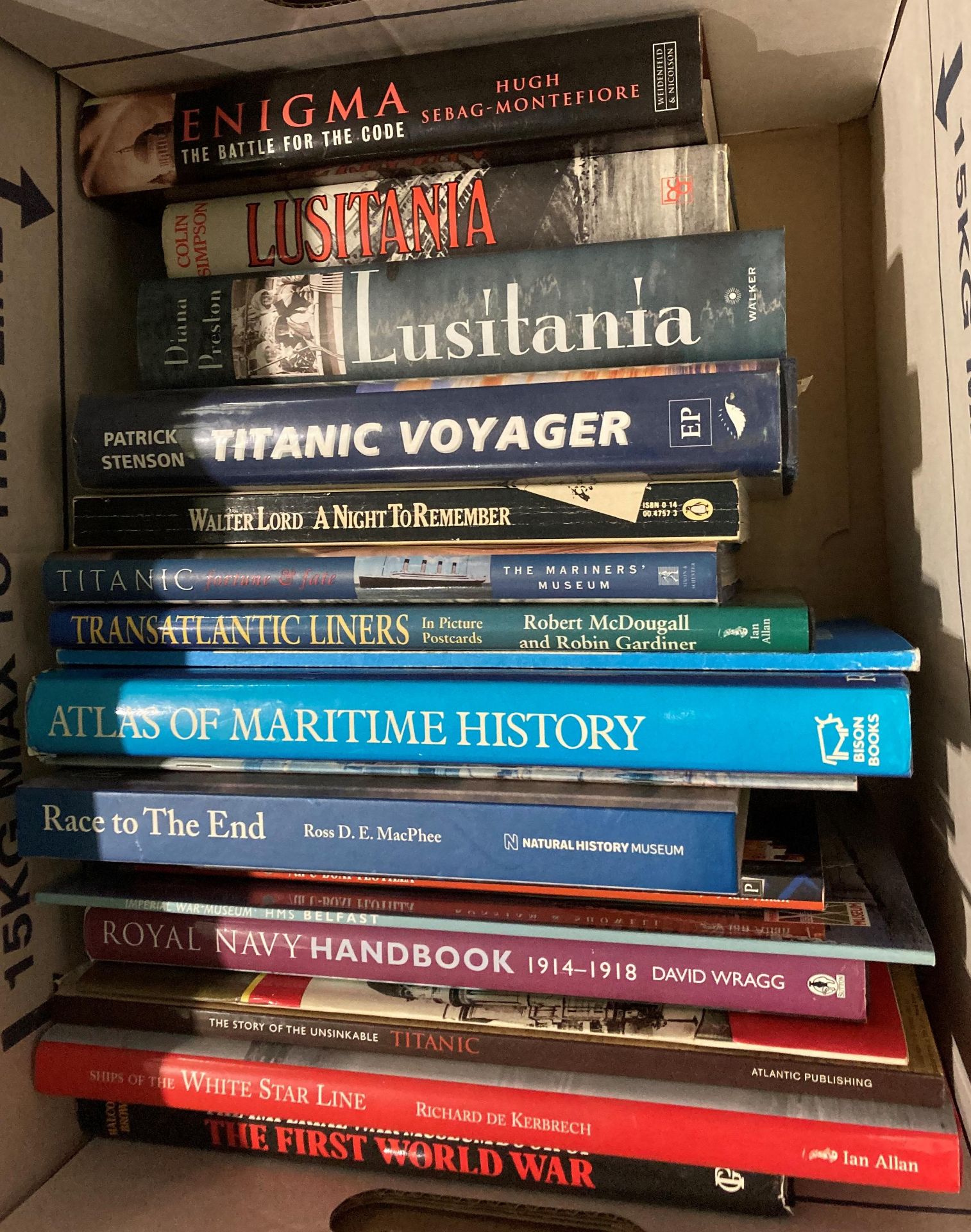 Contents to two boxes - 38 books mainly maritime and naval related - Diana Preston 'Lusitania', - Image 2 of 3