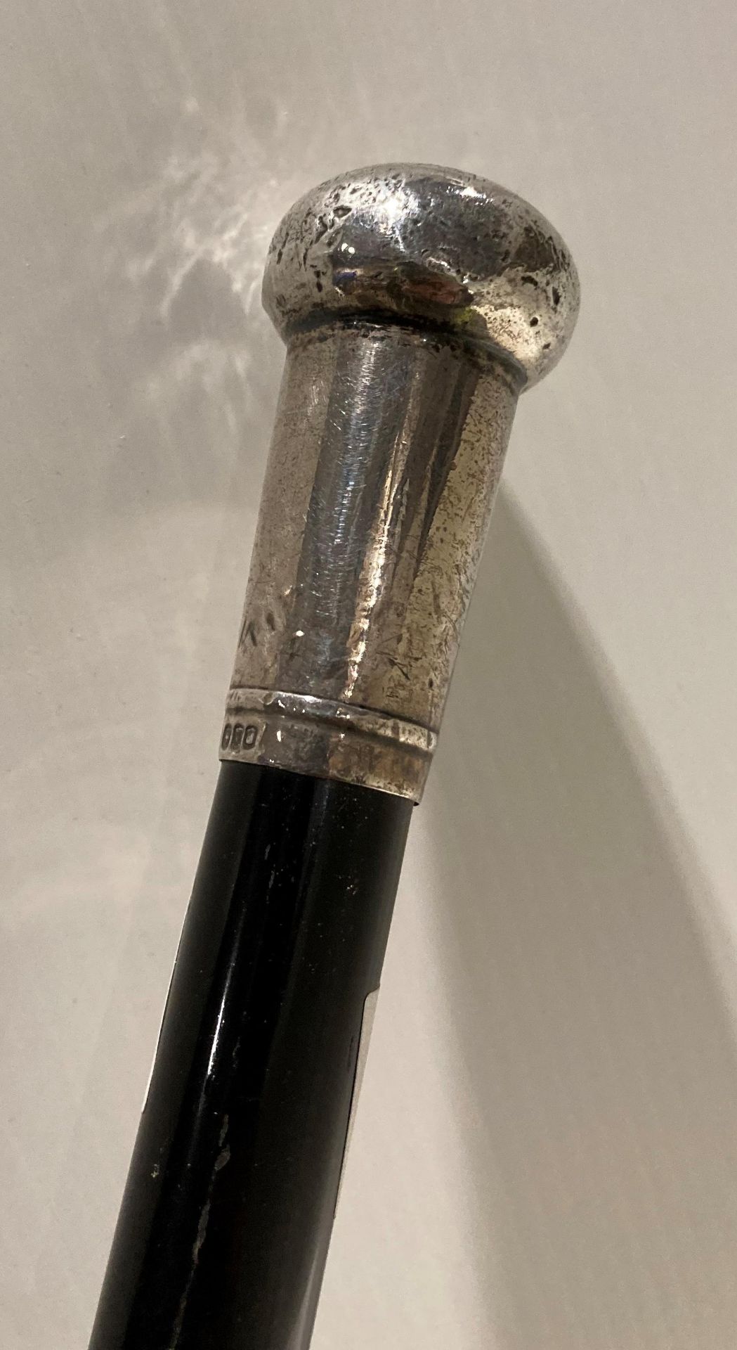 Classic ebonised walking stick with silver hallmarked handle and collar, - Image 2 of 3