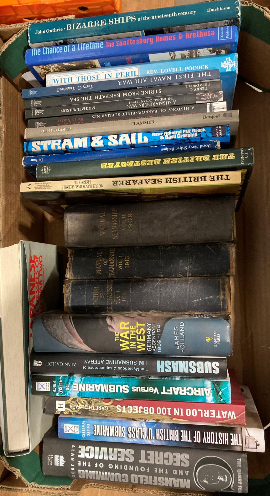Contents to grey crate and a box - 45 books mainly maritime and naval related including two Navy - Image 2 of 3