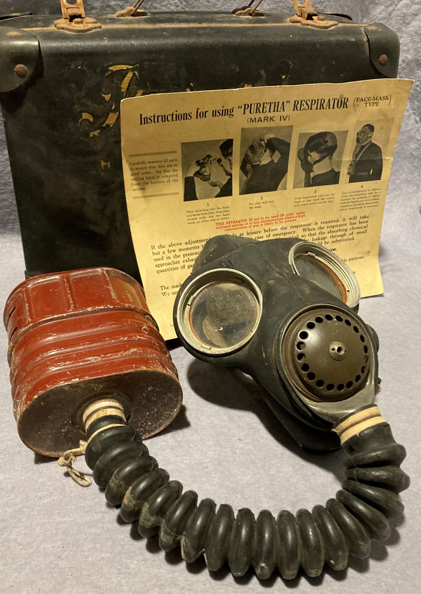 A vintage Puretha Mark IV respirator face mask (missing straps) in case with designed instructions, - Image 3 of 3