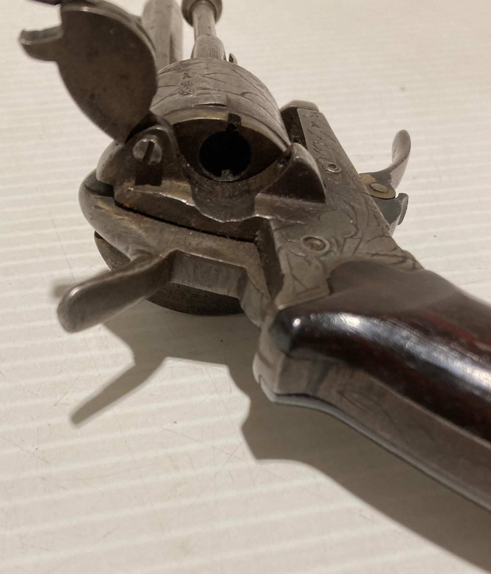 An antique six shot 7mm calibre circa 19th Century revolver with foldable/retractable trigger - Image 9 of 9