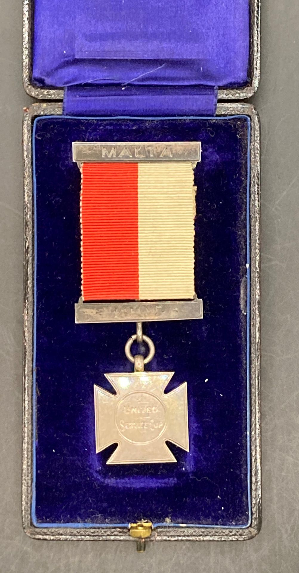 UNITED SERVICE CUP SPORTS MEDAL MALTA 1905 in silver awarded to ED. J. COOPER. P.O. 1ST. CLASS. H.M.