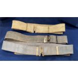 Two World War II British Army 37 pattern belts (one khaki and one grey) and a belt/utility strap