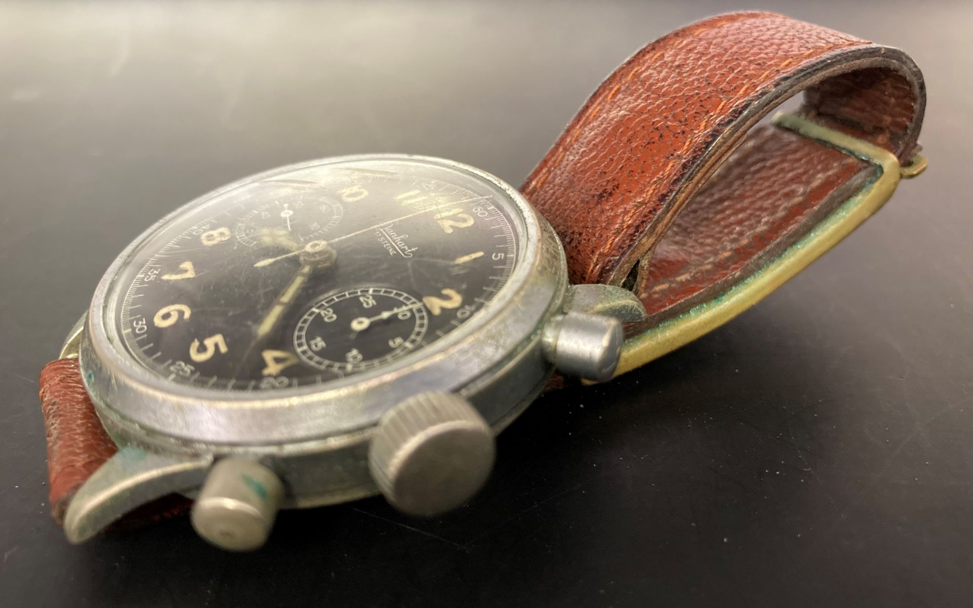 A Hanharts World War II Luftwaffe pilots chronograph with black face and brown leather strap - Image 3 of 10