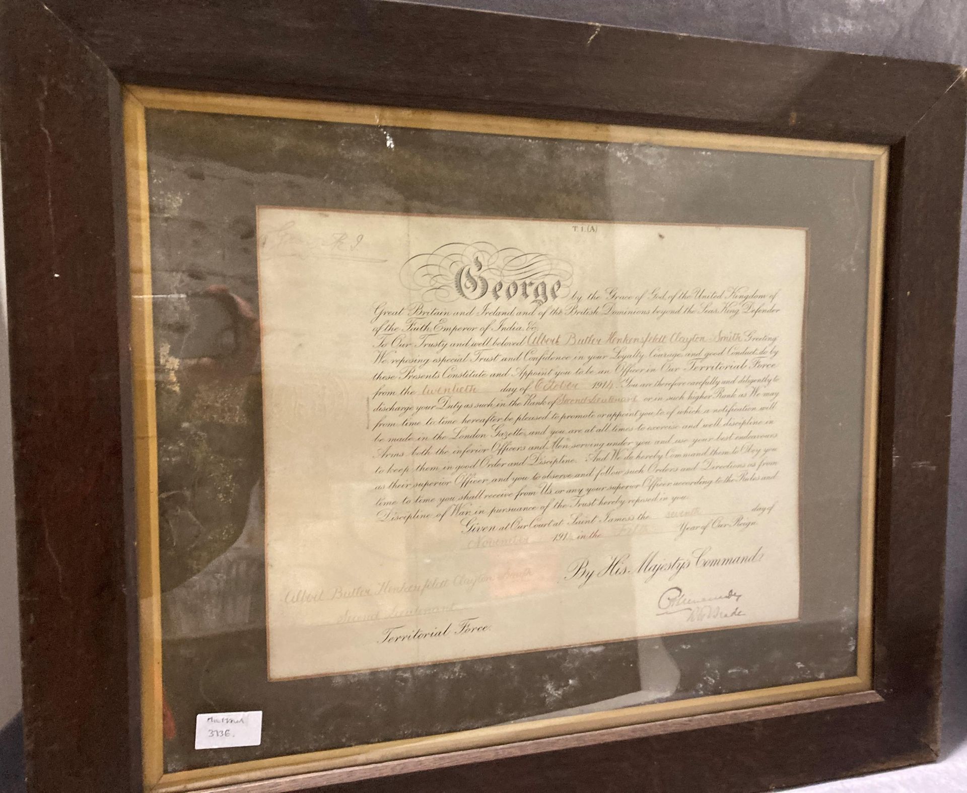 An oak framed commendation to Second Lieutenant Albert Butler Henkensfield Clayton-Smith