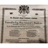 Silk Retirement Certificate 1912 from Royal Dockyard, Chatham named to ENG. REAR ADMIRAL C. RUDD, R.