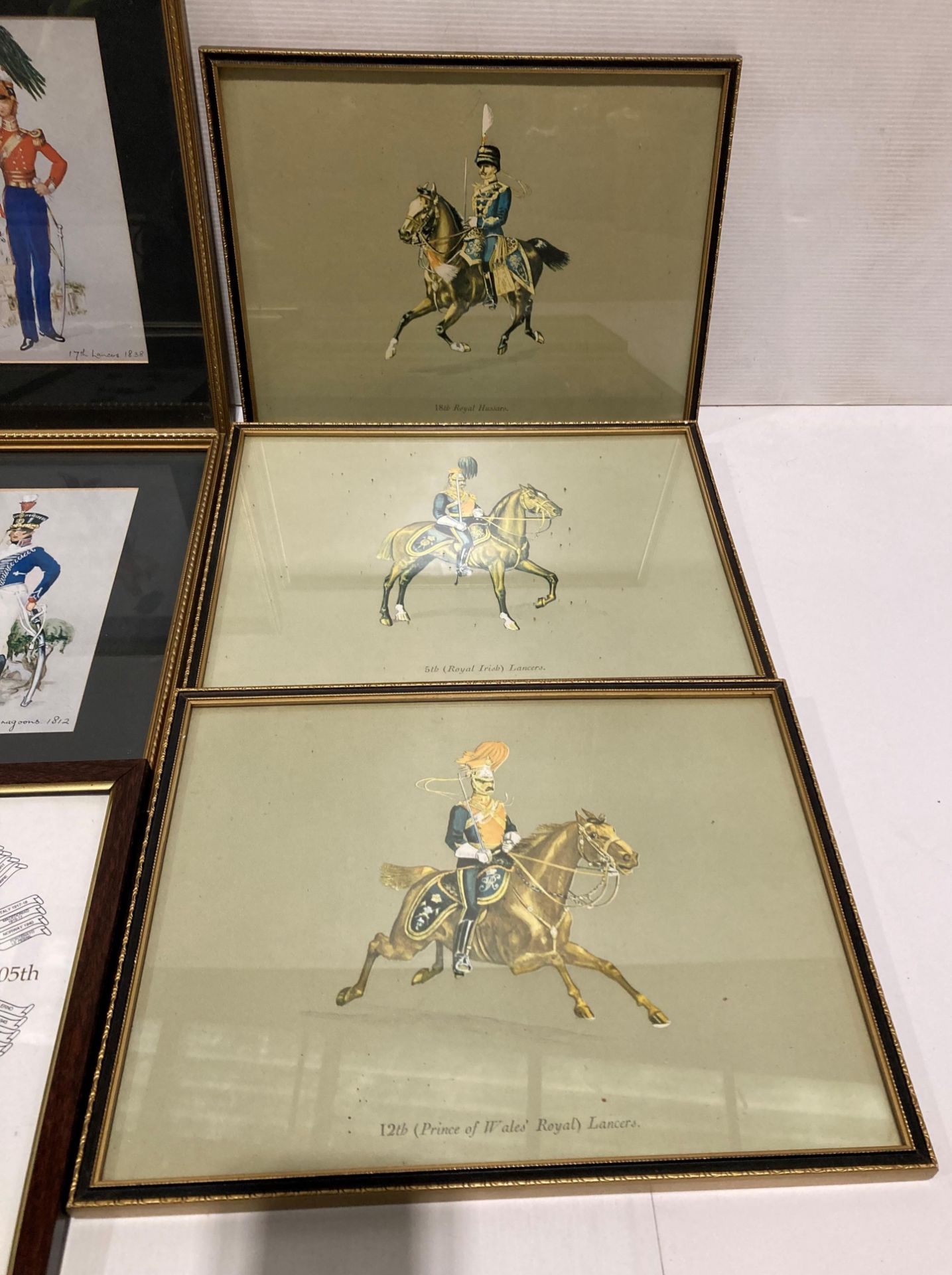Two framed prints displaying British soldiers of early 19th Century (three per frame - 30 x 50cm) - Image 3 of 4