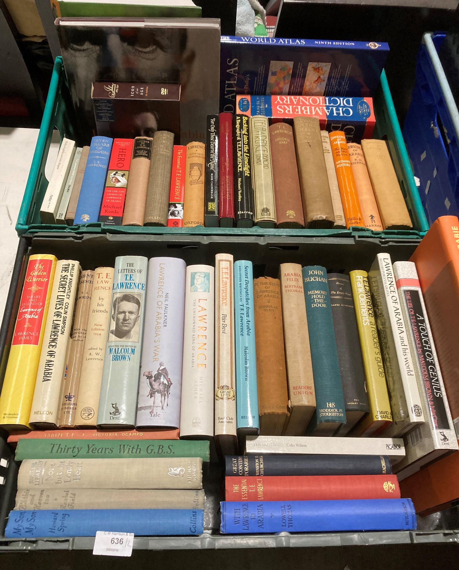 Contents to two green crates - 50 books mainly related to the life and times of T E Lawrence