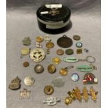 Contents to black mother of pearl inlaid box - assorted military buttons,