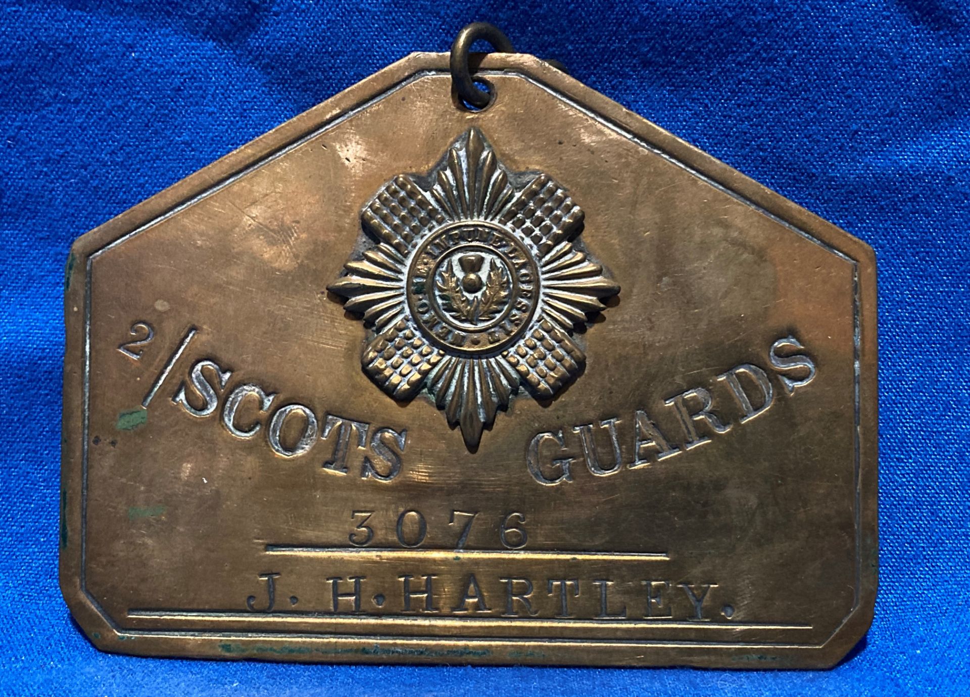 A brass plaque 2/Scots Guards 3076 JH Hartley, a baptism card for Gerald Frederick Hartley 1906, - Image 3 of 4