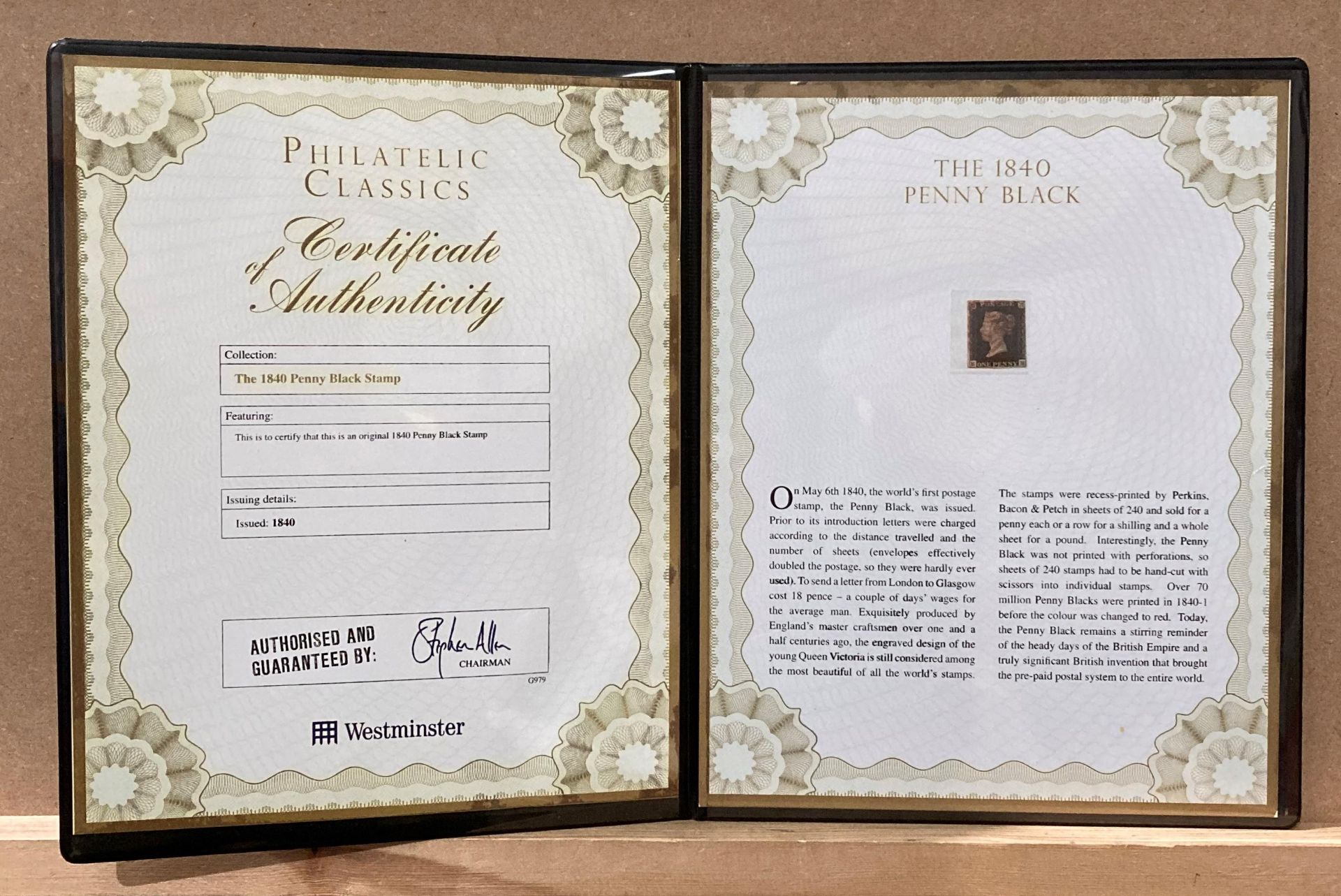A Westminster 'The 1840 Penny Black' stamp in folder with certificate of authenticity (Saleroom