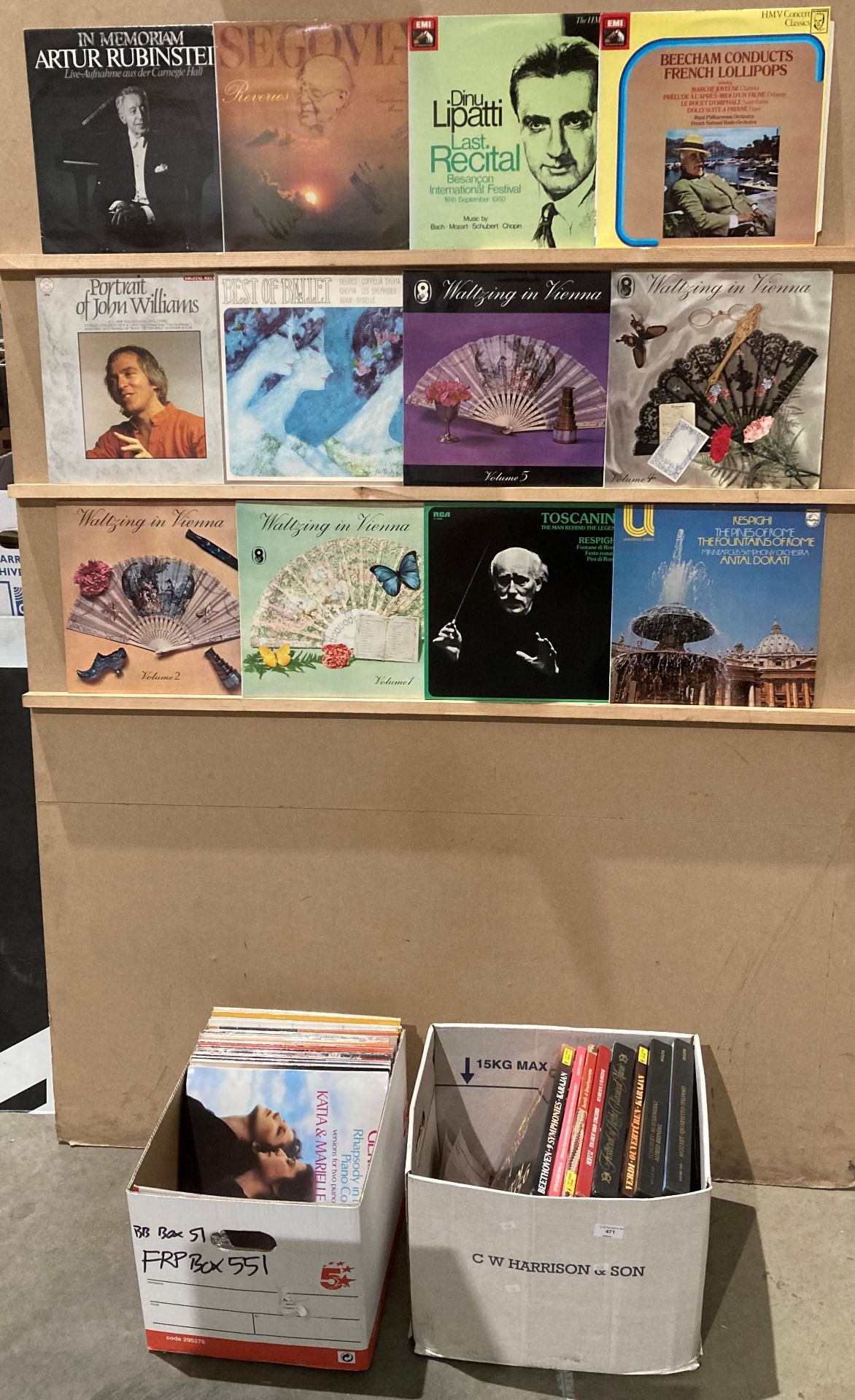 Contents to two boxes - approximately 47 LPs, plus 8 box-sets of mainly classical music - Mozart,