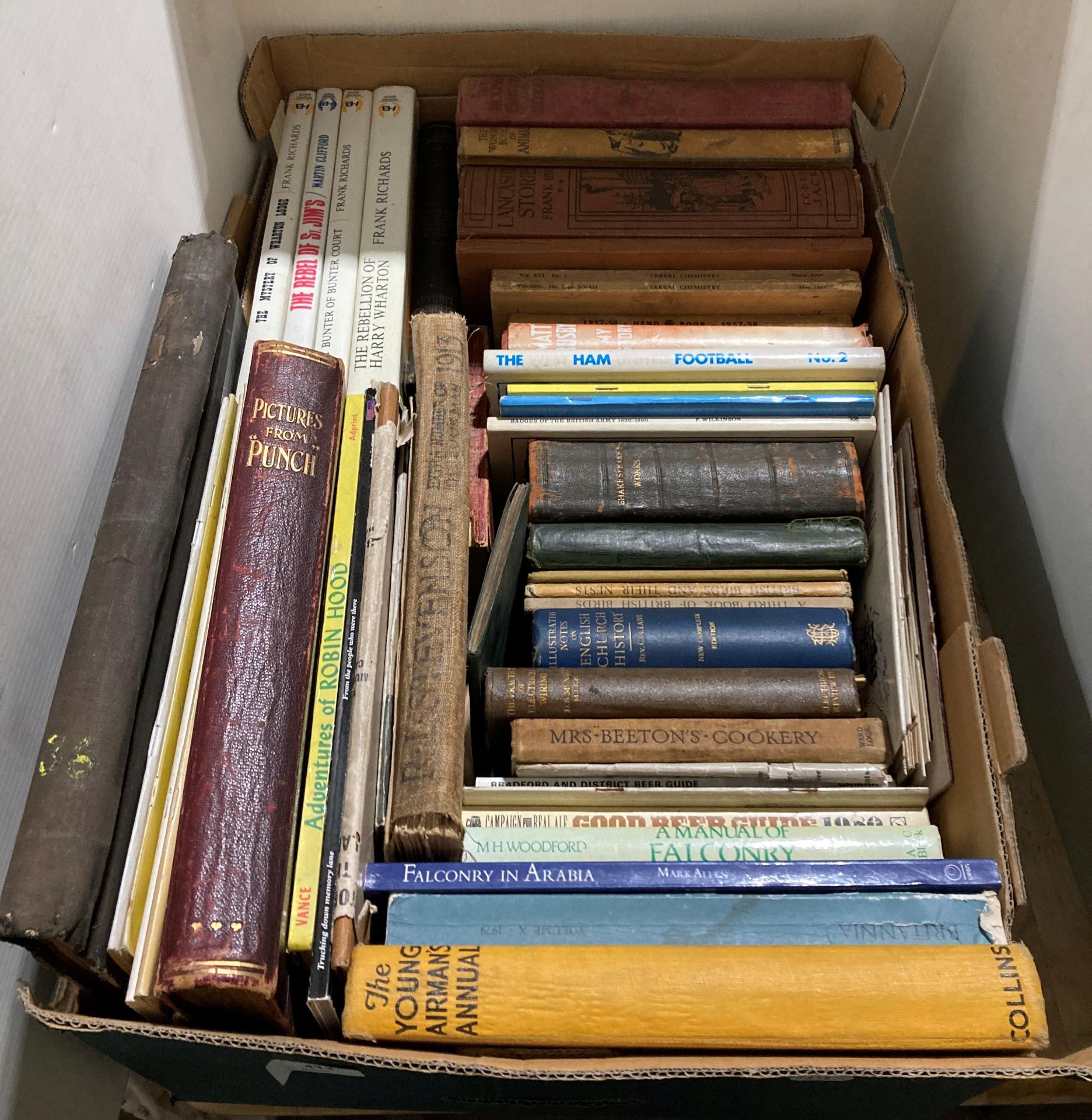 Contents to box - 52 assorted books and pamphlets including leather bound Shakespeare's Works,