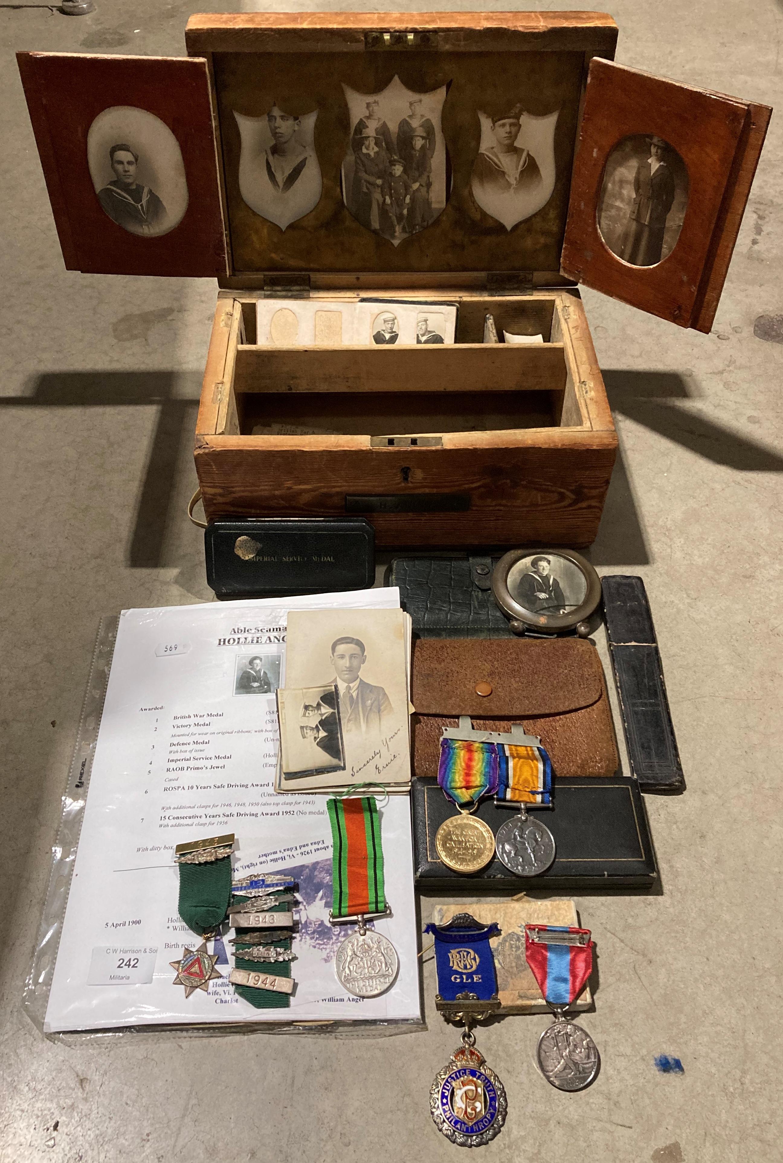 Sailor's Ditty Box with Medals/Photographs, Original letters, diary etc. to S8185 H.ANGER ORD. R.N.
