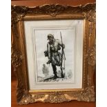 An ornate gilt framed print of a Confederate musket man,