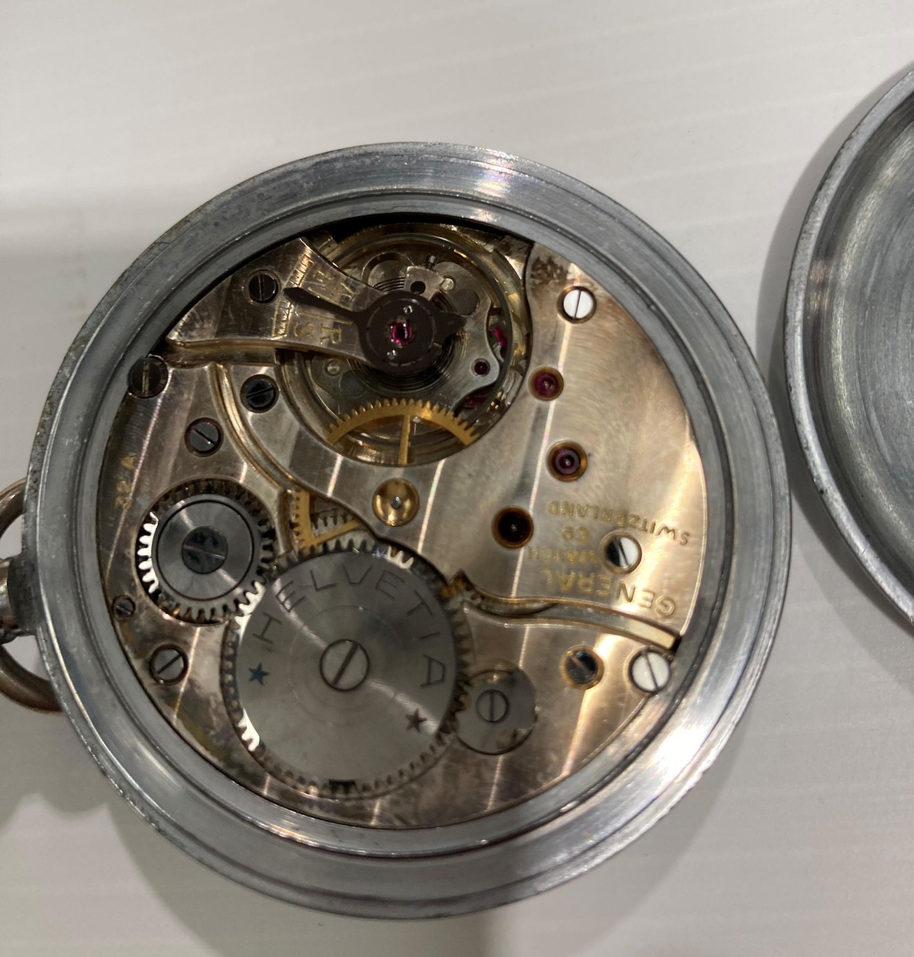 British WWII Military pocket watch by Helvetia Circa 1940 with stamp to back (G5/TP P22242) and - Image 4 of 4