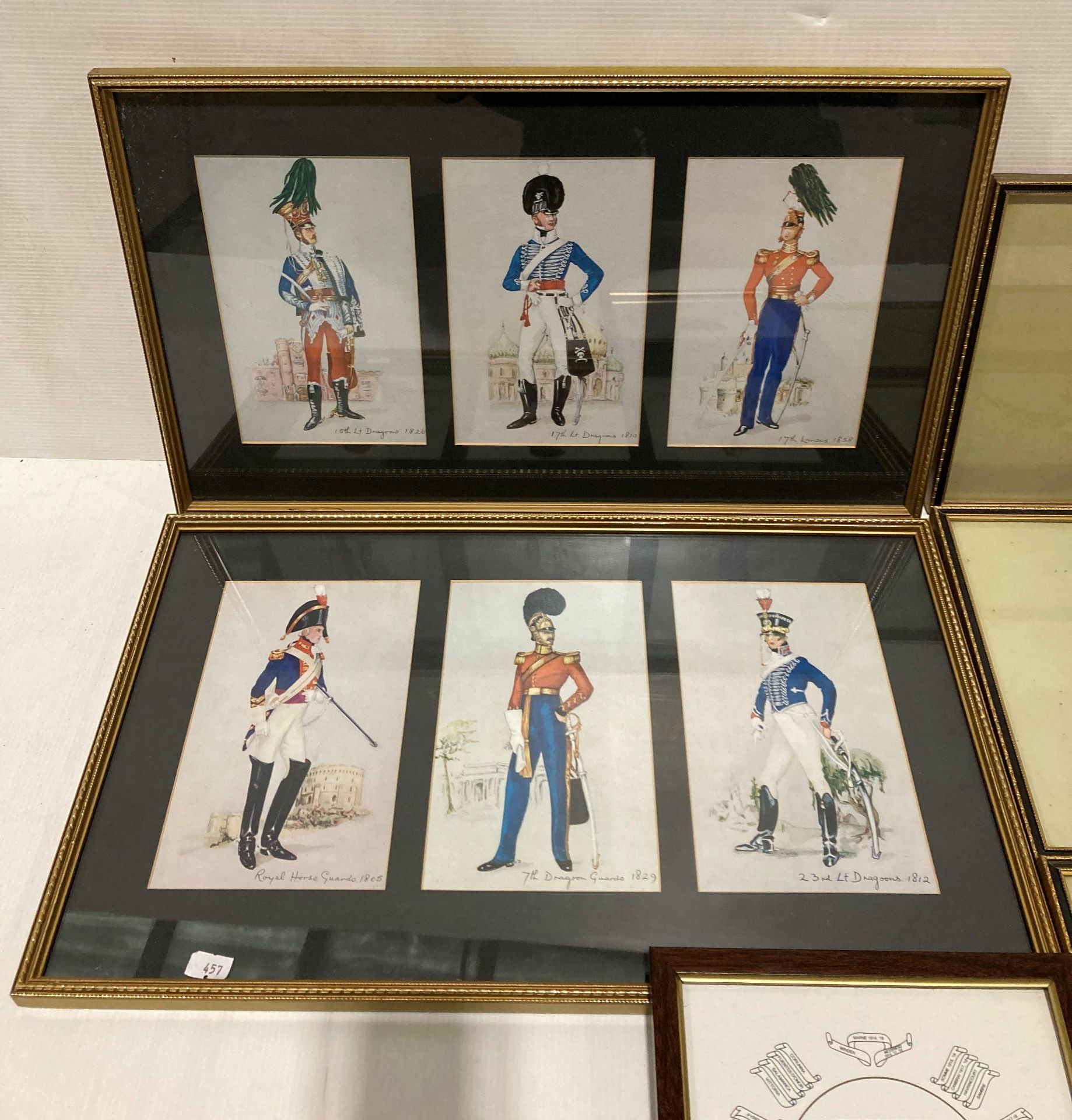 Two framed prints displaying British soldiers of early 19th Century (three per frame - 30 x 50cm) - Image 2 of 4
