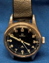 OMEGA WATCH - possibly naval, with black dial and Hirsch Nappa leather strap,