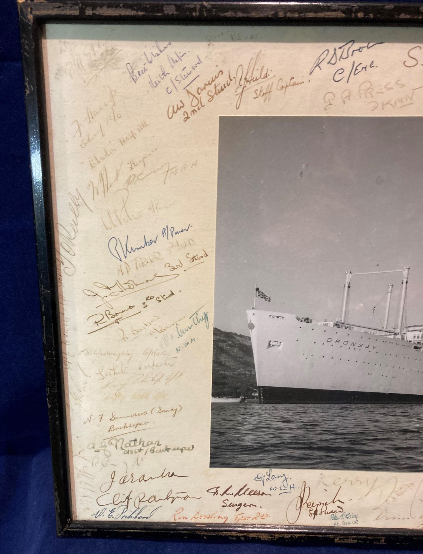 A framed photograph of the ship Oronsay with crew members signatures to the margin (Saleroom - Image 2 of 4