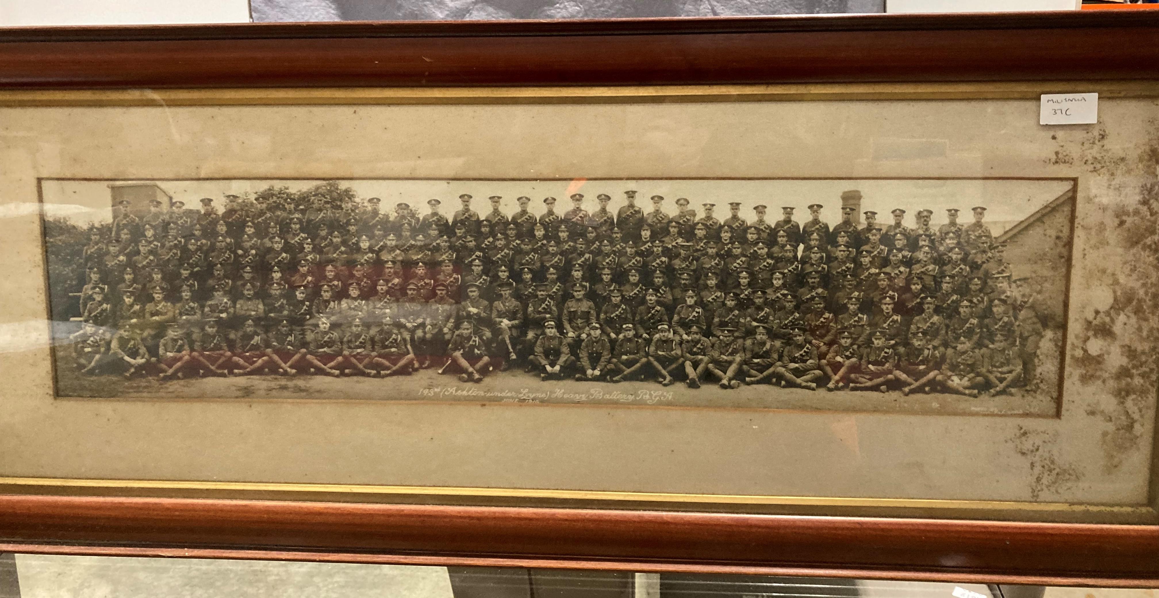 A framed First World War photograph of the 193rd (Ashton-under-Lyne) Heavy Battery RGA,