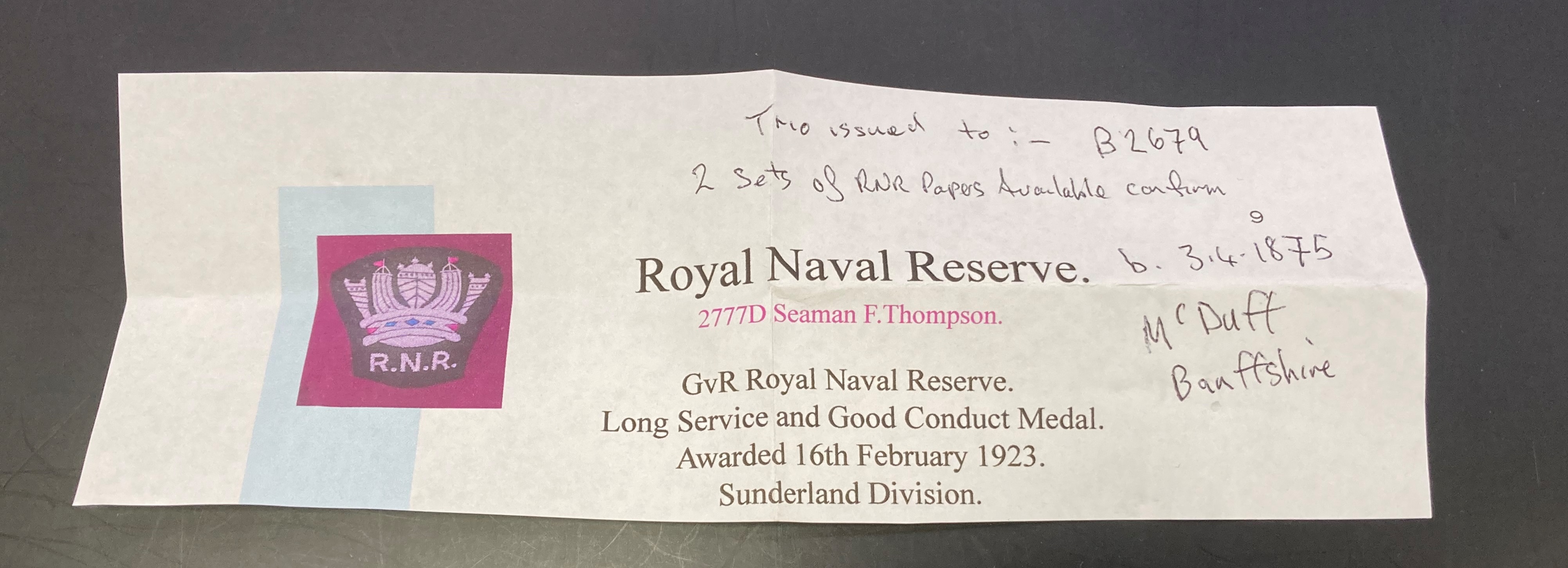 Royal Naval Reserve Long Service Medal GV awarded 16.2. - Image 3 of 3