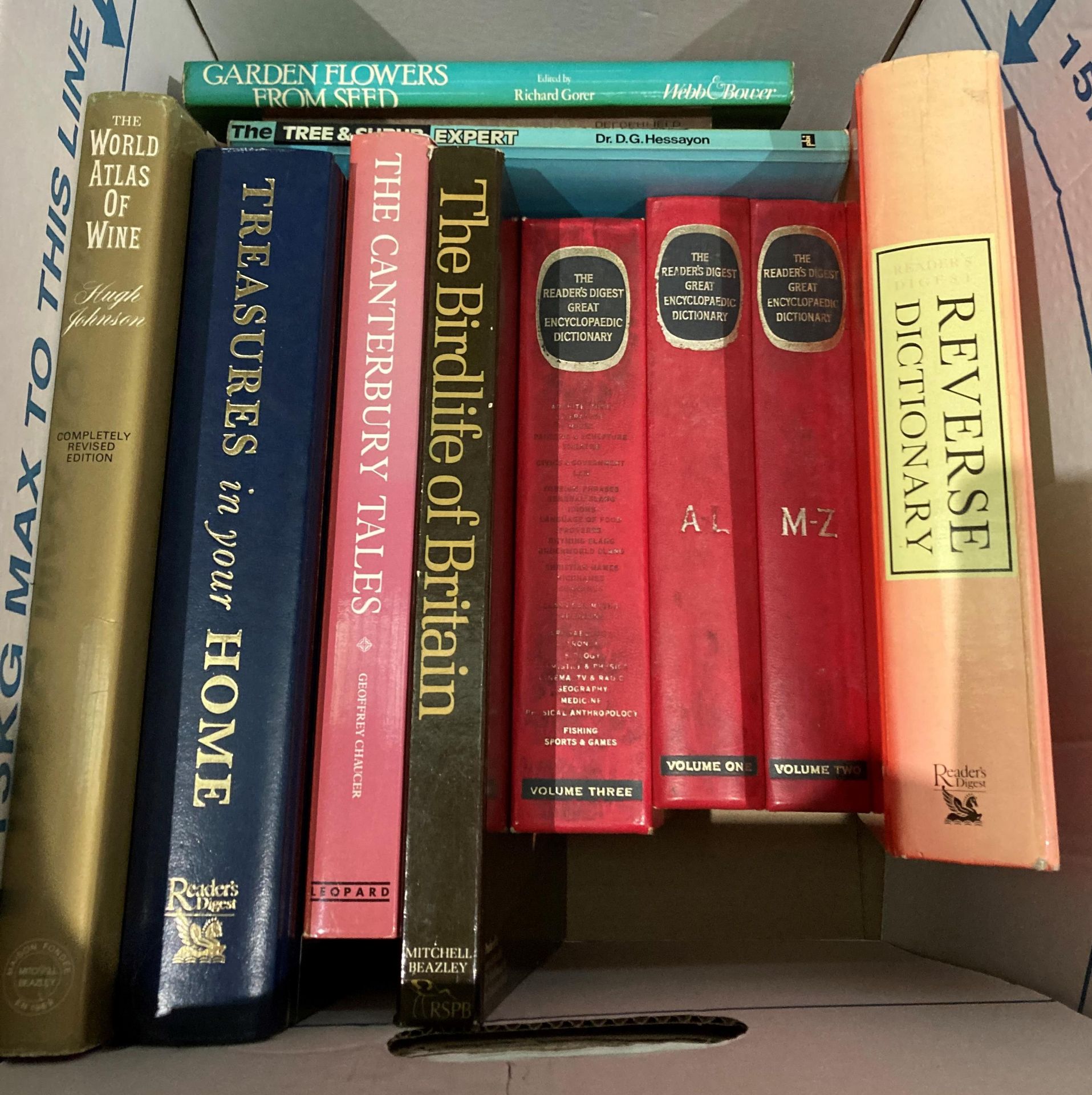 Contents to box - 12 books including 3 volumes 'The Readers Digest Great Encyclopaedic Dictionary',
