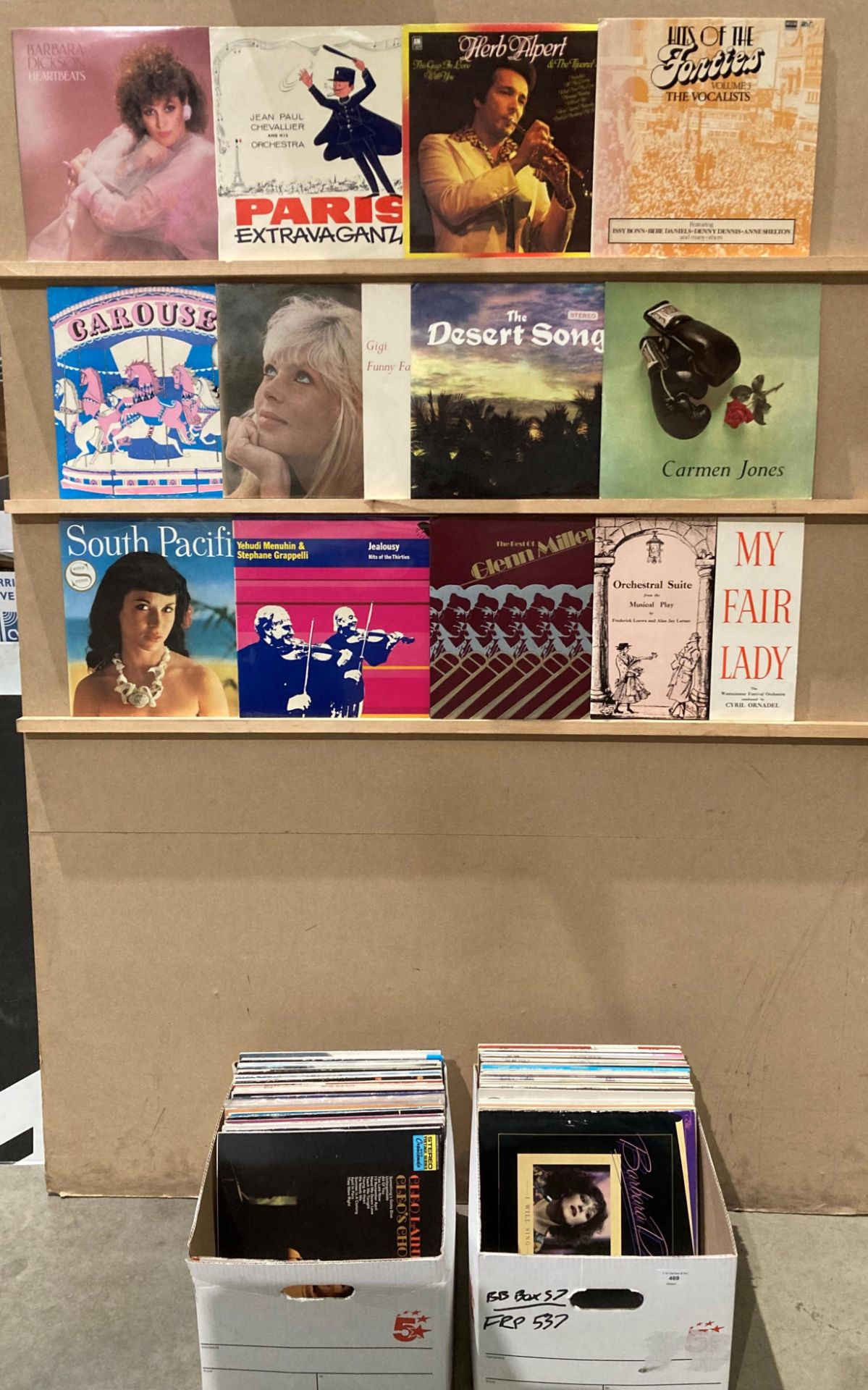 Contents to two boxes - approximately 100 assorted easy listening 12"vinyl records including