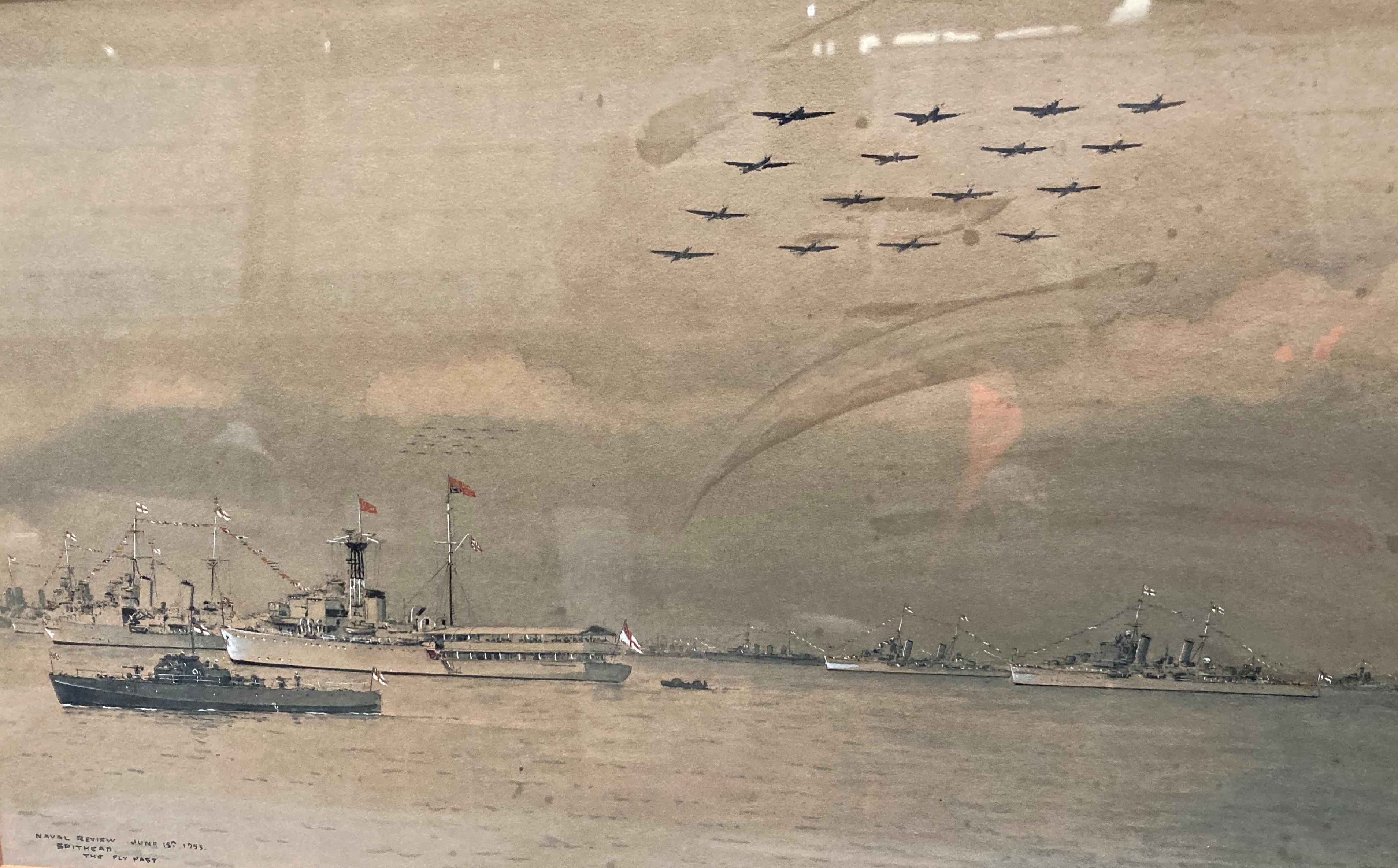 E Tufnell framed watercolour 'Naval Review June 15th 1953 Spithead - The Fly Past' 27 x 42cm (some - Image 2 of 3