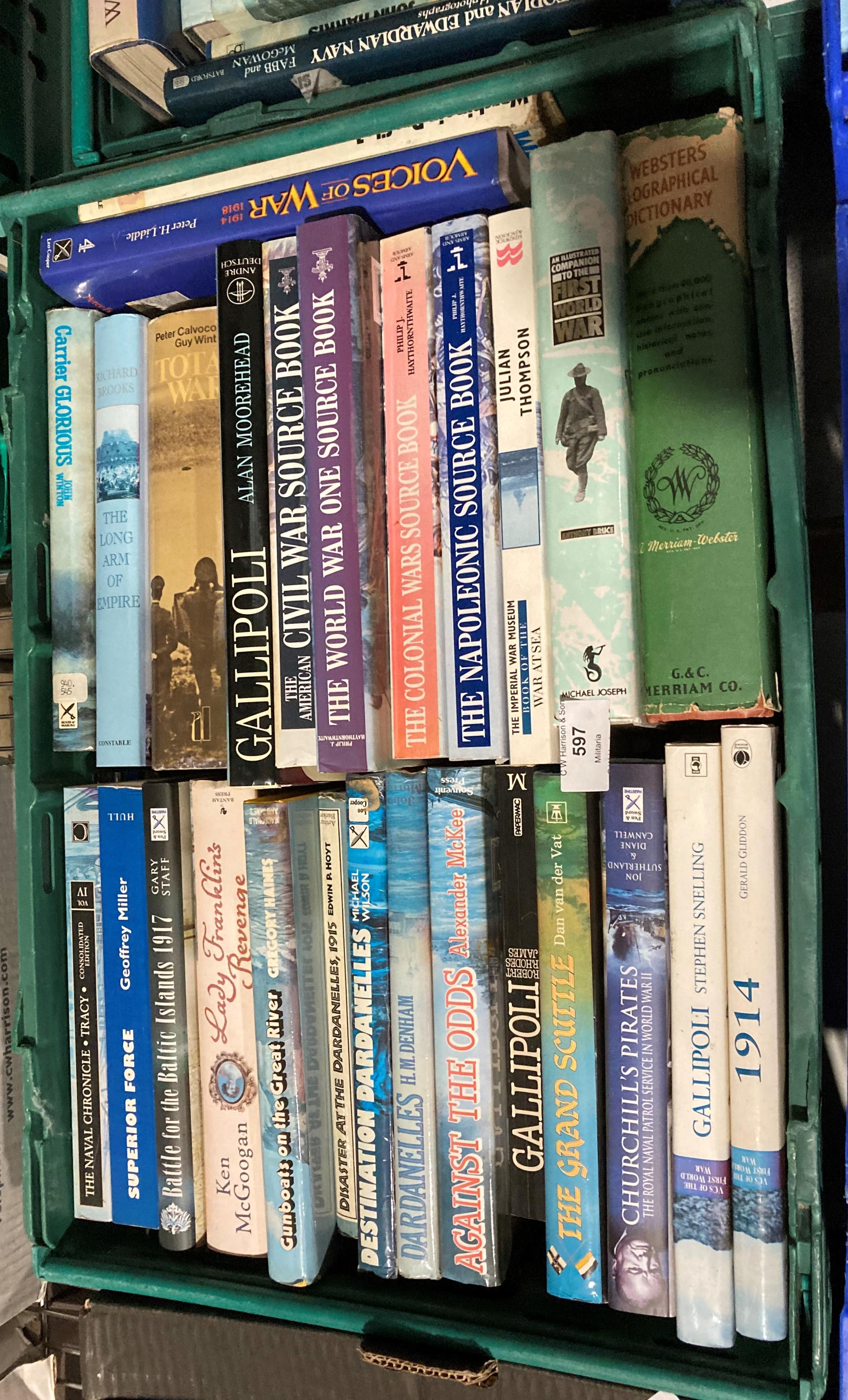 Contents to green plastic crate - 27 books relating to maritime, naval and other warfare, etc.