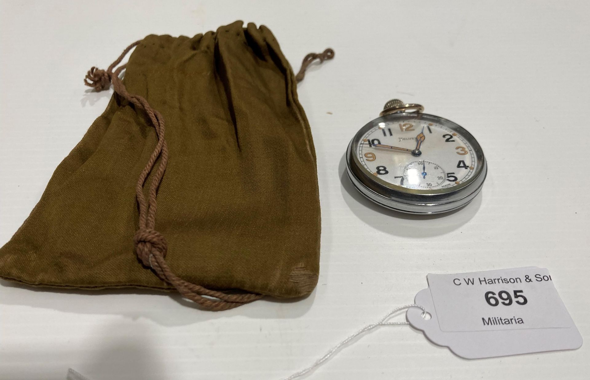 British WWII Military pocket watch by Helvetia Circa 1940 with stamp to back (G5/TP P22242) and